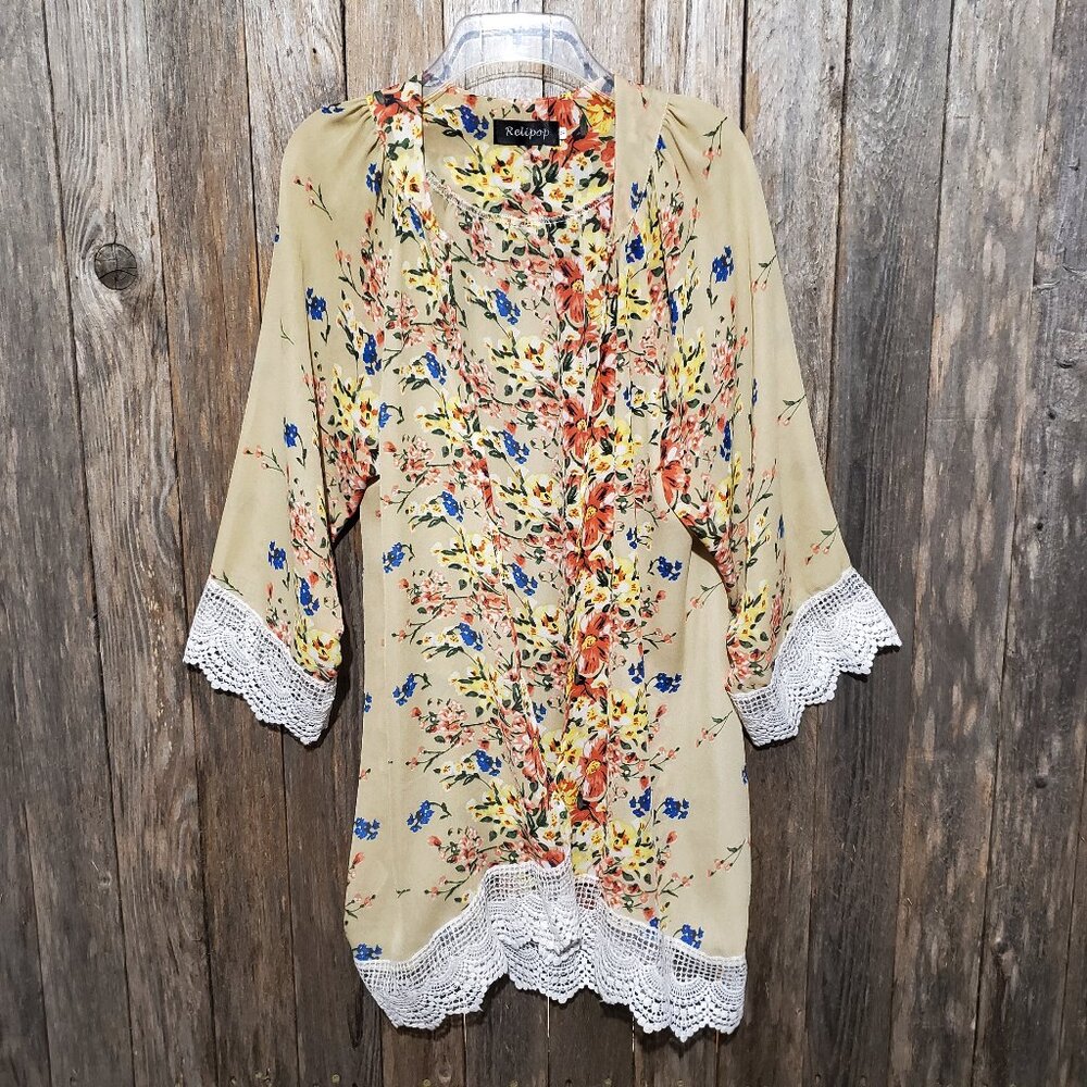 Relipop M Kimono Duster Wrap Coverup Beige Floral Crochet Lace Trim Boho